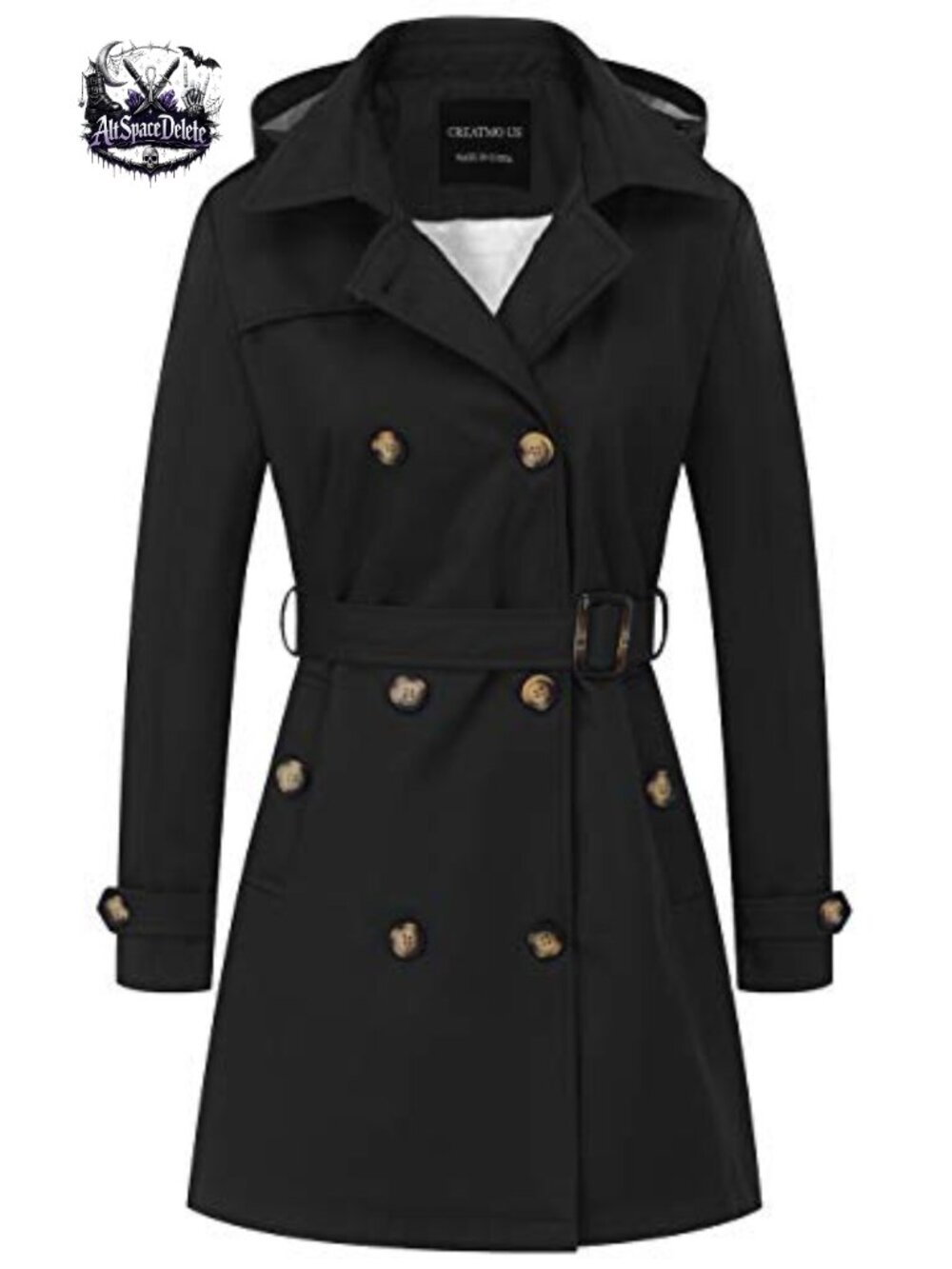 Women's Mid-Length Trench Coat Double-Breasted Belted Detachable Hood